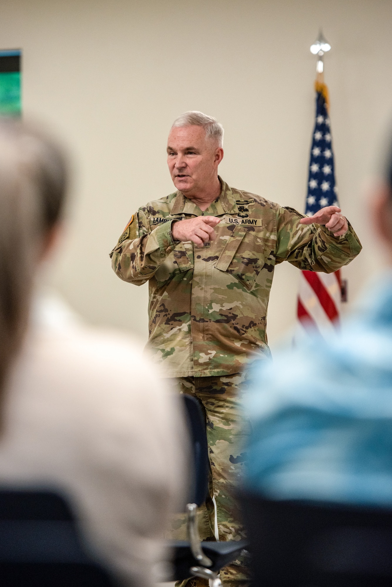 U.S. Army Maj. Gen. Haldane B. Lamberton, adjutant general of the Kentucky National Guard, speaks to civilian employers at the Kentucky Air National Guard Base in Louisville, Ky., May 14, 2025, as part of an Employer Support of the Guard and Reserve “Bosslift.” The federal program, which included an orientation flight aboard a Kentucky Air Guard C-130J Super Hercules aircraft, was designed to enhance employers’ understanding of Guard missions by offering an inside perspective on military operations. (U.S. Air National Guard photo by Senior Airman Annaliese Billings)