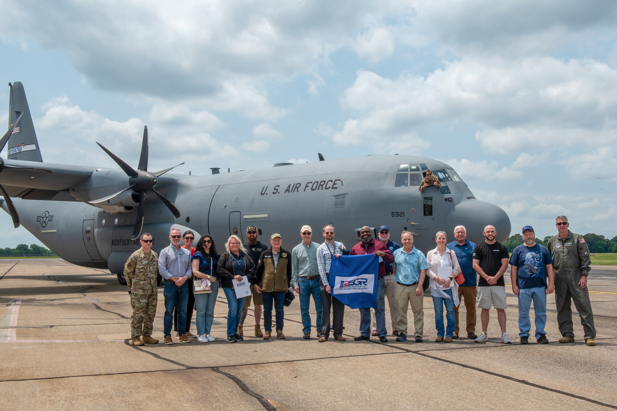 A group of civilian employers spent the day May 14, 2025, learning about the missions of the 123rd Airlift Wing while participating in an Employer Support of the Guard and Reserve “Bosslift,” a community outreach program designed to enhance their understanding of Guard missions by offering an inside perspective on military operations. The employers received briefings at the Kentucky Air National Guard Base in Louisville, Ky., and flew aboard a Kentucky Guard C-130J Super Hercules aircraft to observe an earthquake-response exercise in Paducah, Ky. (U.S. Air National Guard photo by Senior Airman Annaliese Billings)