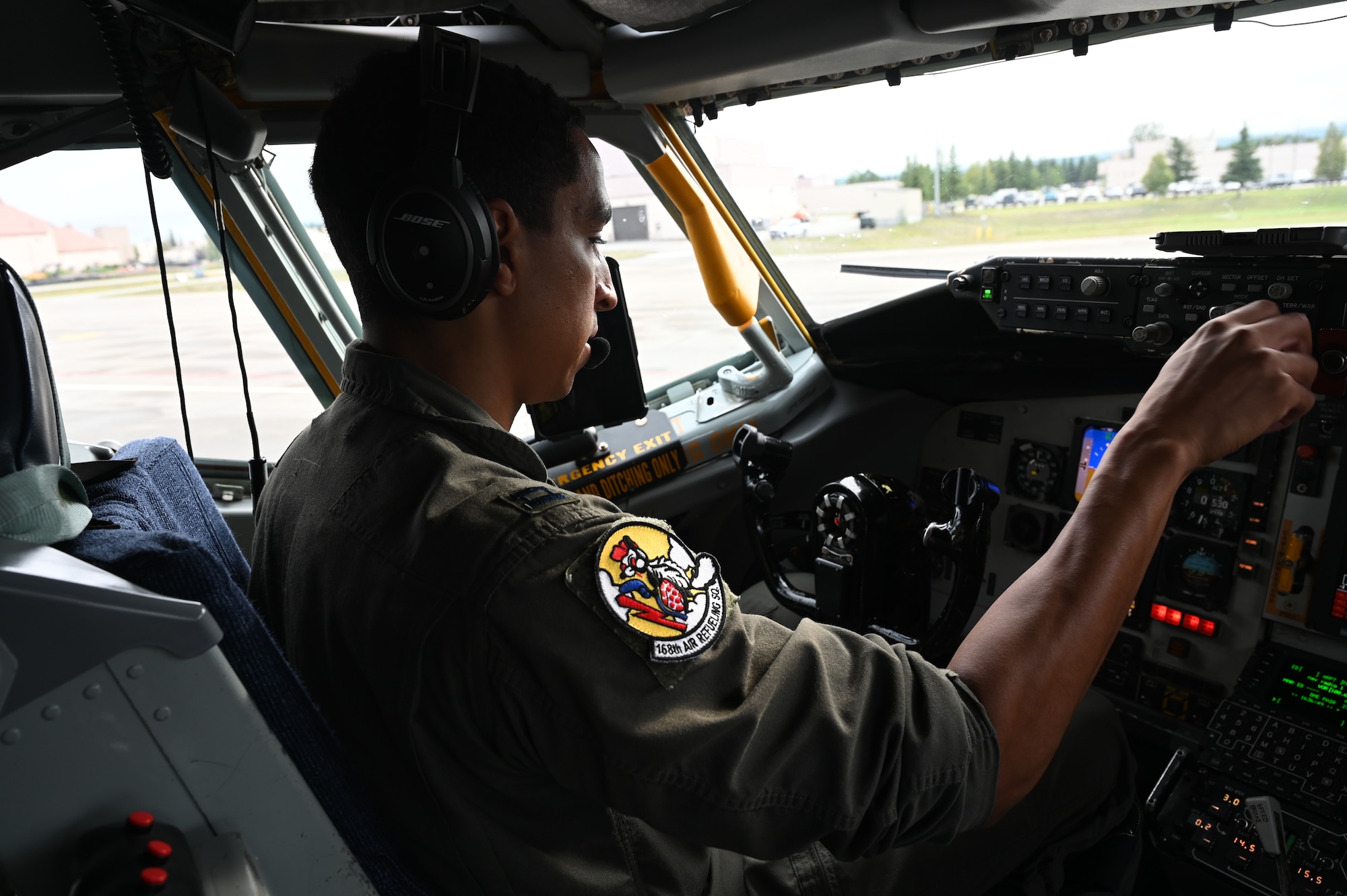 U.S. Air National Guard Capt. Ryan Howard, 168th Wing pilot, prepares to launch a KC-135 Stratotanker during Arctic Raven 25-1 in support of Resolute Force Pacific (REFORPAC).