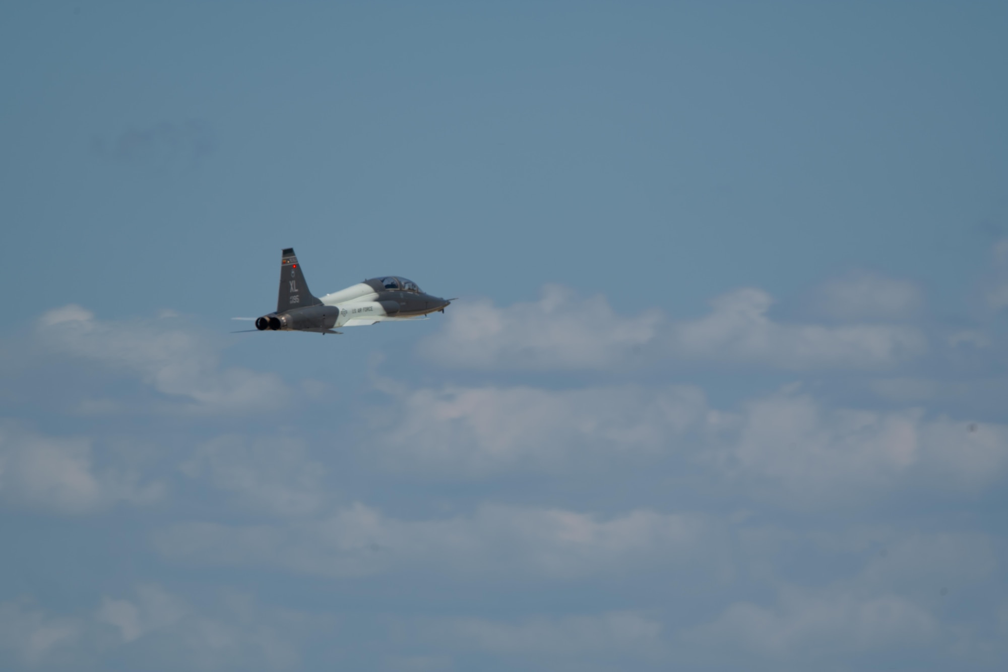 A T-38C Talon assigned to the 87th Flying Training Squadron climbs after takeoff during a non-standard airspace exercise at Laughlin Air Force Base, Texas, Aug. 7, 2025. The training emphasized fighter and bomber fundamentals, refining instructor pilot proficiency in advanced aircraft operations. (U.S. Air Force photo by Airman 1st Class Harrison Sullivan)