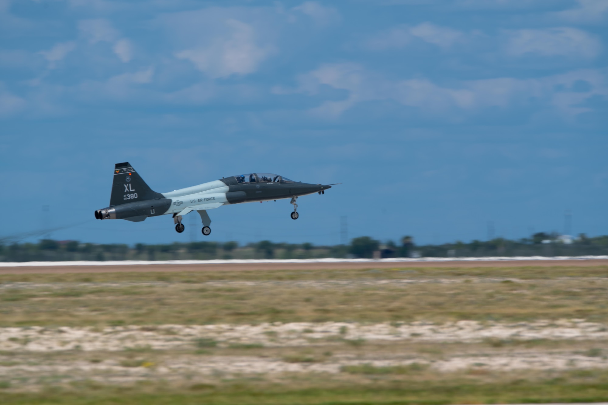 A T-38C Talon assigned to the 47th Flying Training Wing takes off during a non-standard airspace exercise at Laughlin Air Force Base, Texas, Aug. 7, 2025. The training scenario sharpened instructor pilots’ skills in complex airspace while reinforcing fighter and bomber fundamentals. (U.S. Air Force photo by Airman 1st Class Harrison Sullivan)