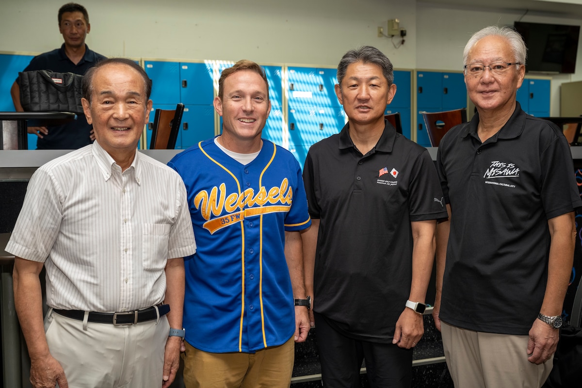 From left, Yoshinori Kohiyama, Misawa City mayor, U.S. Air Force Col. Paul Davidson, 35th Fighter Wing commander, Japan Air Self-Defense Force Maj. Gen. Teruaki Fujita, 3rd Air Wing commander, and Makoto Sasaki, Misawa City vice mayor, pose for a group photo during a friendship bowling event at Misawa Air Base, Japan, Aug. 9, 2025.