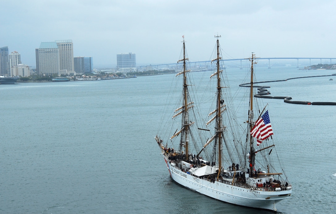SAN DIEGO -- May 23, 2008 -- The Coast Guard Cutter Eagle, America's Tallship and cadet training platform, sails into San Diego Bay. U.S. Coast Guard photo by Petty Officer 1st Class Anastasia M. Devlin. VIRIN 080523-G-3827D-023
