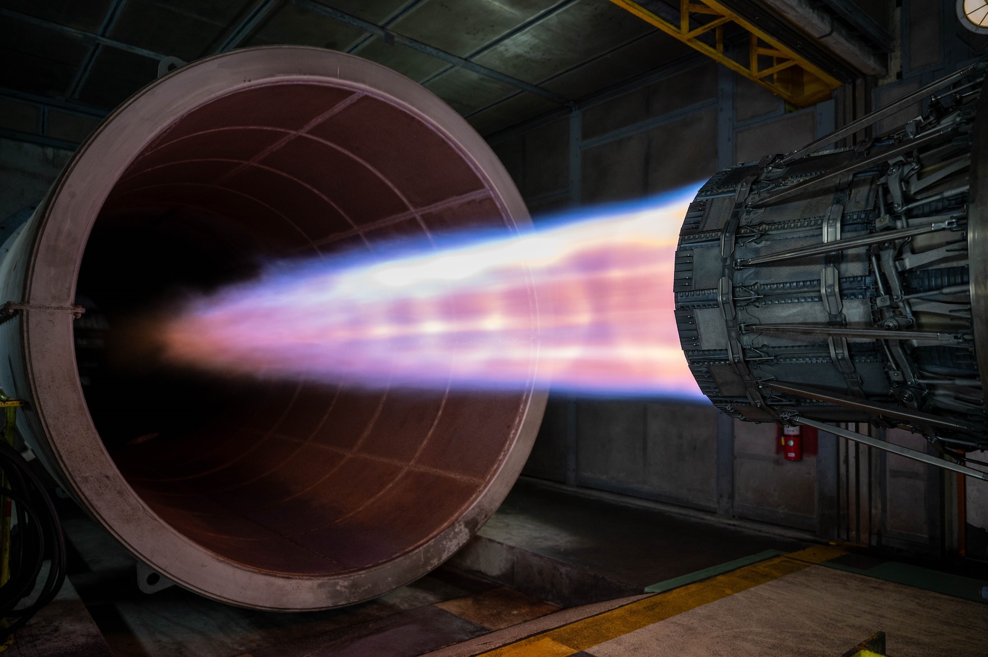 An F-15E Strike Eagle engine, the F100-PW-220, goes through a routine afterburner test at Kadena