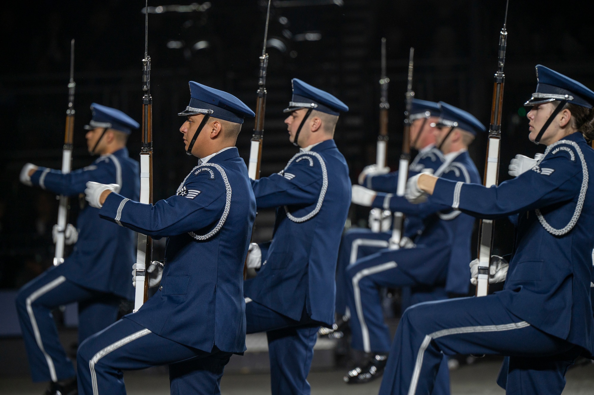 Members of the U.S. Air Force Honor Guard Drill Team rehearse for the 75th Royal Edinburgh Military Tattoo in Edinburgh, Scotland, July 31, 2025. Military bands and drill teams from the U.S., United Kingdom, Switzerland, Canada, Germany, Poland, and Ukraine performed during the 24-day event. (U.S. Air Force photo by Hayden Hallman)