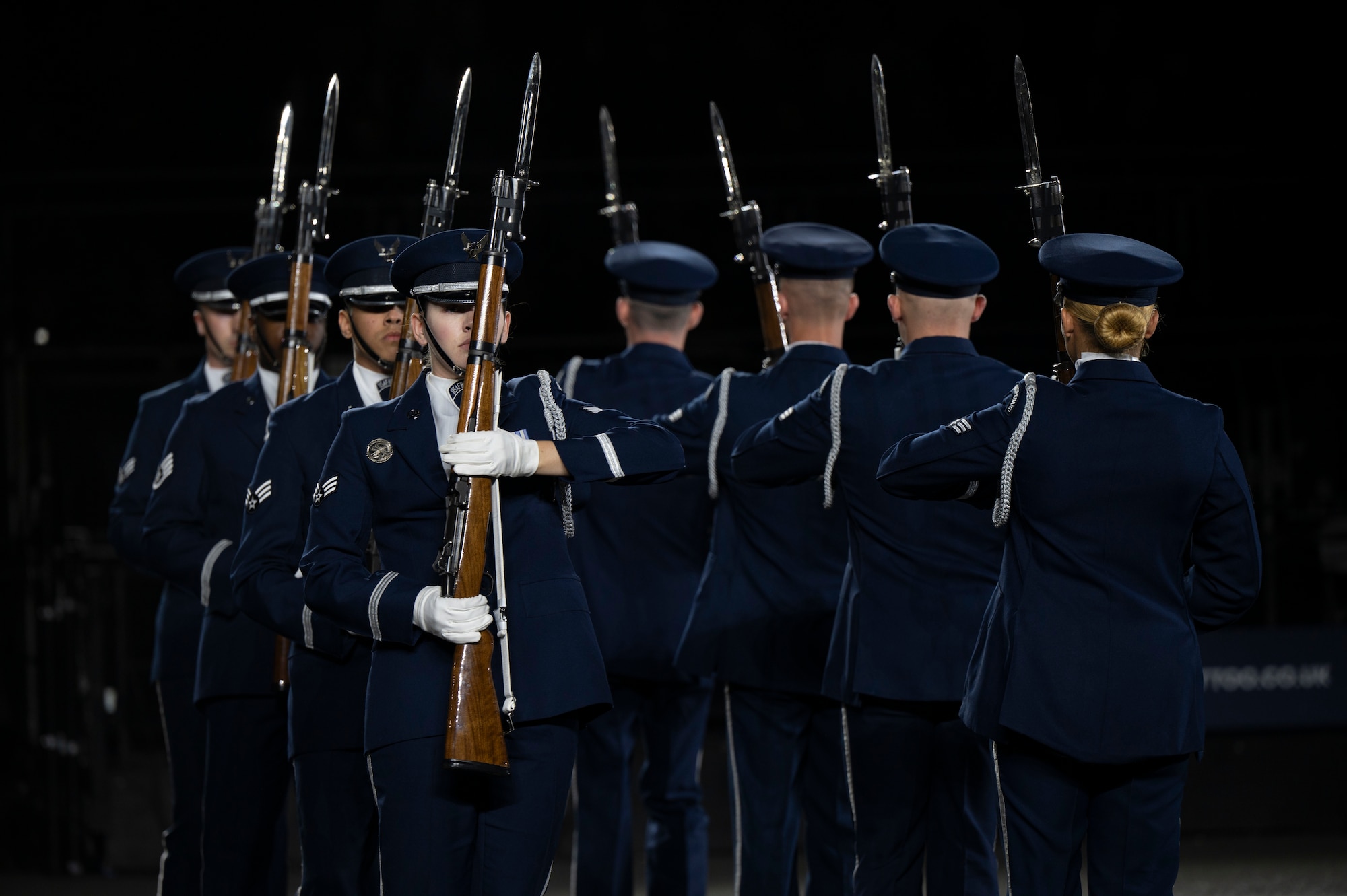 Members of the U.S. Air Force Honor Guard Drill Team rehearse for the 75th Royal Edinburgh Military Tattoo in Edinburgh, Scotland, July 31, 2025. The tattoo brought hundreds of performers together for a cross-cultural exchange, fostering partnership through music and military drill performances. (U.S. Air Force photo by Hayden Hallman)