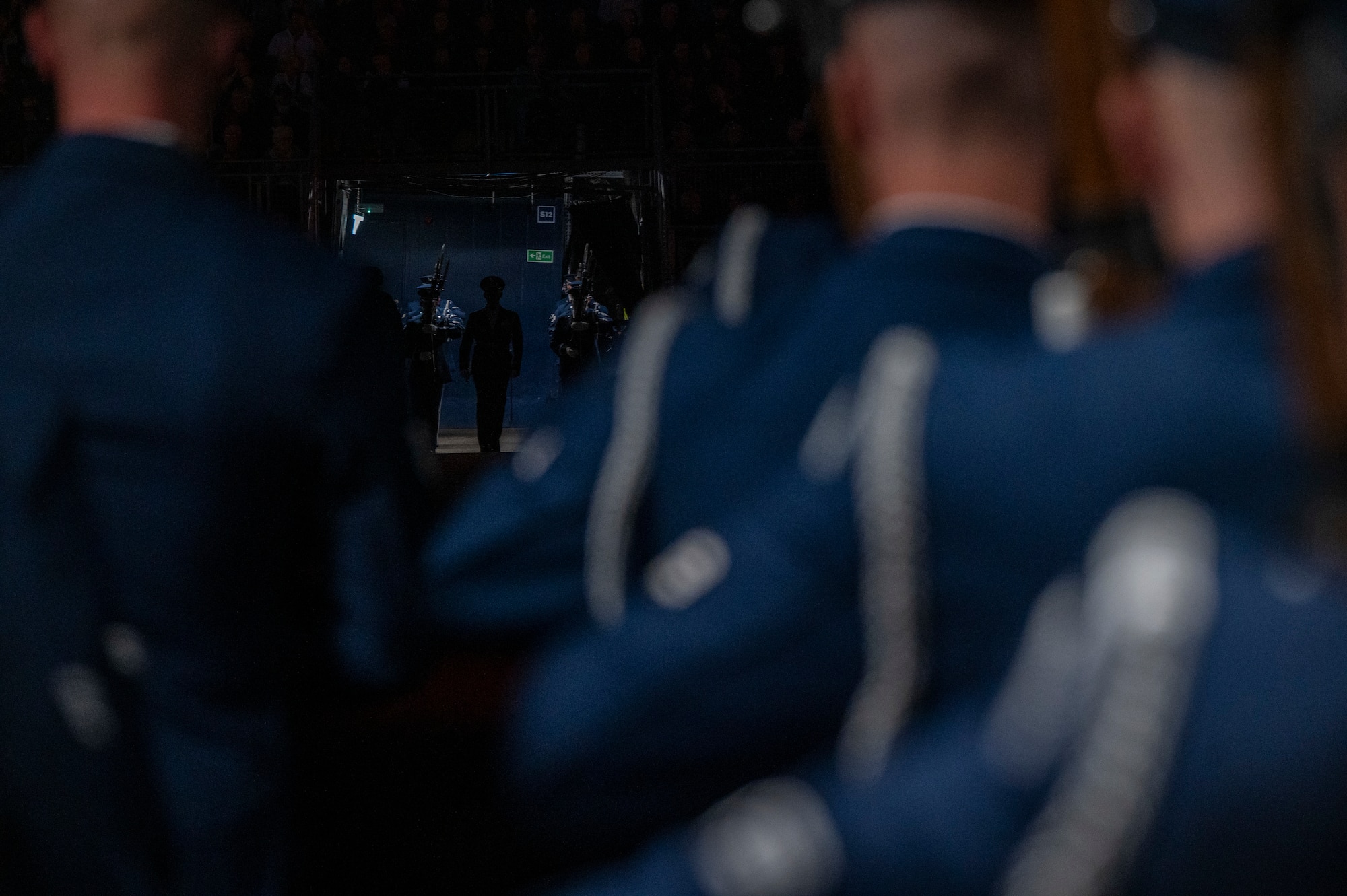 Members of the U.S. Air Force Honor Guard Drill Team march into the performance area during a rehearsal for the 75th Royal Edinburgh Military Tattoo in Edinburgh, Scotland, July 31, 2025. The Drill Team strengthened partnerships between the U.S. Air Force and U.S. allies by emphasizing the camaraderie and mutual respect among partner nations. (U.S. Air Force photo by Hayden Hallman)