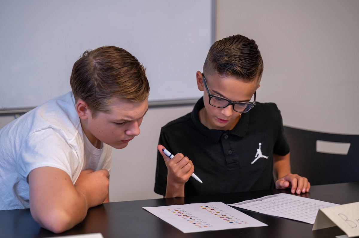 Two students from Yokota Middle School work together on an activity during the Student Ambassador Training Program at the Military and Family Readiness Center on Yokota Air Base, Japan.