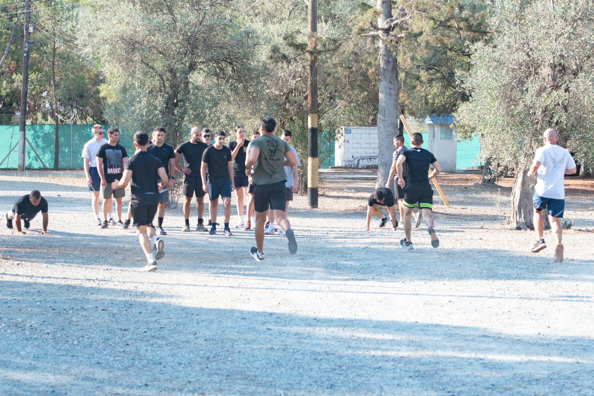 Non-commissioned officers of the Cypriot National Guard and New Jersey National Guard participate in physical fitness exercises.