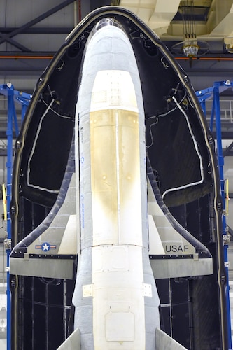 X-37B inside payload fairing before launch of eighth mission.