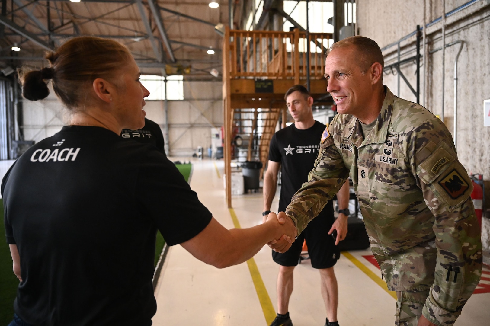 Senior Enlisted Advisor John Raines, SEA to the chief, National Guard Bureau, meets with coaches of the Tennessee National Guard's Guard Readiness Improvement Training program at the Volunteer Training Site in Smyrna, Tennessee, July 29, 2025.