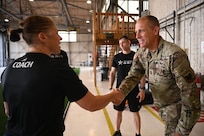 Senior Enlisted Advisor John Raines, SEA to the chief, National Guard Bureau, meets with coaches of the Tennessee National Guard's Guard Readiness Improvement Training program at the Volunteer Training Site in Smyrna, Tennessee, July 29, 2025.