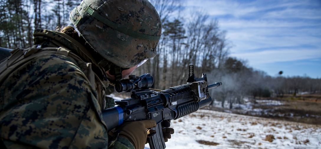 A student fires an M203 grenade launcher during Warrant Officer Basic Course 1-19 on Marine Corps Base Quantico, Virginia, Feb. 21, 2019. WOBC is designed to train and educate newly appointed and commissioned warrant officers in a variety of skills required to transition from enlisted Marine to officer, with particular emphasis on the duties, responsibilities and warfighting skills required of a rifle platoon commander. (U.S. Marine Corps photo by Warrant Officer Kowshon Ye)