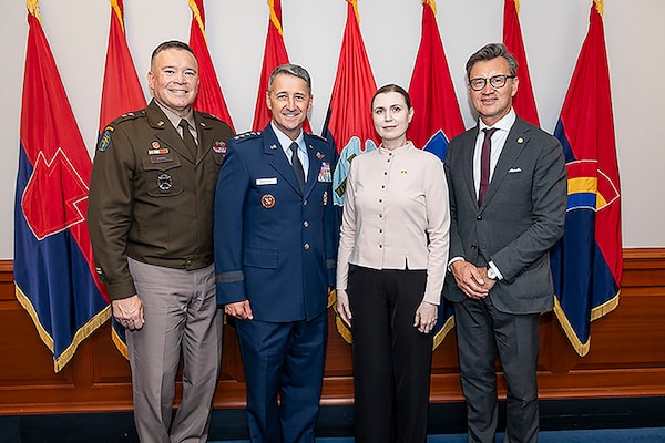 Air Force Gen. Steve Nordhaus, chief, National Guard Bureau, hosts Dovile Sakaliene, Lithuania’s Defense Minister, alongside Gediminas Varvuolis, Lithuania’s Ambassador to the United States, and Army Maj. Gen. John Pippy, Pennsylvania’s adjutant general, to discuss the Lithuania-Pennsylvania relationship through the Department of Defense National Guard State Partnership Program, established in 1993, at the Pentagon, Arlington, Virginia, Aug. 13, 2025.