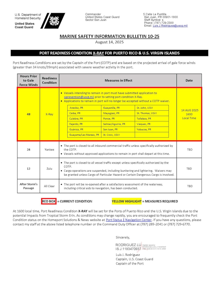 Coast Guard Marine Safety Information Bulletin setting Port Condition X-Ray at 4p.m., Aug. 14, 2025, for seaports in Puerto Rico and the U.S. Virgin Islands due to Tropical Storm Erin.
