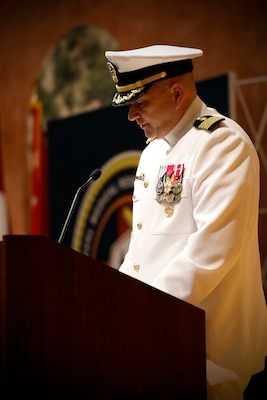 SILVER SPRING, Md. (Aug. 13, 2025) Capt. Eric Welsh, commander, Naval Medical Research Command (NMRC), delivers remarks after assuming command NMRC's Change of Command ceremony. The ceremony, presided over by Rear Adm. Guido Valdes, saw Capt. Franca Jones relieved as commander by Welsh. Valdes recently served as commander, Naval Medical Forces Pacific. NMRC, headquarters of Navy Medicine Research & Development, is engaged in a broad spectrum of activity from basic science in the laboratory to field studies in austere and remote areas of the world to investigations in operational environments. In support of Navy, Marine Corps and joint U.S. warfighter health, readiness and lethality, researchers study infectious diseases, biological warfare detection and defense, combat casualty care, environmental health concerns, aerospace and undersea medicine, operational mission support and epidemiology. (U.S. Navy Photo by Tommy Lamkin/ released)