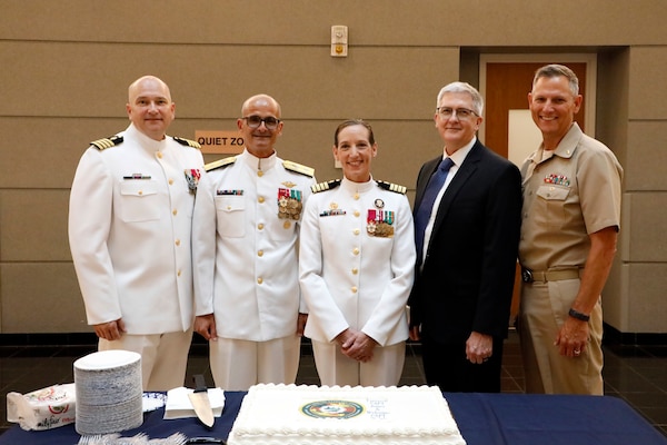 SILVER SPRING, Md. (Aug. 13, 2025) Capt. Eric Welsh, commander, Naval Medical Research Command (NMRC); Rear Adm. Guido Valdes; Capt. Franca Jones; retired Capt. Adam Armstrong and Capt. William Deniston pose for a photo following NMRC's Change of Command ceremony, where Jones was relieved as commander by Welsh. Valdes recently served as commander, Naval Medical Forces Pacific. Armstrong served as NMRC commander from 2017 to 2021 and Deniston served as NMRC Commander form 2021 to 2023. NMRC, headquarters of Navy Medicine Research & Development, is engaged in a broad spectrum of activity from basic science in the laboratory to field studies in austere and remote areas of the world to investigations in operational environments. In support of Navy, Marine Corps and joint U.S. warfighter health, readiness and lethality, researchers study infectious diseases, biological warfare detection and defense, combat casualty care, environmental health concerns, aerospace and undersea medicine, operational mission support and epidemiology. (U.S. Navy Photo by Sidney Hinds/ released)