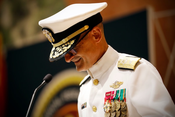 SILVER SPRING, Md. (Aug. 13, 2025) Rear Adm. Guido Valdes delivers remarks during Naval Medical Research Command's (NMRC) Change of Command ceremony. The ceremony, presided over by Valdes, saw Capt. Franca Jones relieved as commander by Capt. Eric Welsh. Valdes recently served as commander, Naval Medical Forces Pacific. NMRC, headquarters of Navy Medicine Research & Development, is engaged in a broad spectrum of activity from basic science in the laboratory to field studies in austere and remote areas of the world to investigations in operational environments. In support of Navy, Marine Corps and joint U.S. warfighter health, readiness and lethality, researchers study infectious diseases, biological warfare detection and defense, combat casualty care, environmental health concerns, aerospace and undersea medicine, operational mission support and epidemiology. (U.S. Navy Photo by Tommy Lamkin/ released)