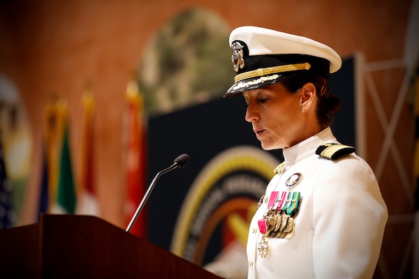 SILVER SPRING, Md. (Aug. 13, 2025) Capt. Franca Jones, commander, Naval Medical Research Command (NMRC), delivers remarks during NMRC's Change of Command ceremony. The ceremony, presided over by Rear Adm. Guido Valdes, saw Jones relieved as commander by Capt. Eric Welsh. Valdes recently served as commander, Naval Medical Forces Pacific. NMRC, headquarters of Navy Medicine Research & Development, is engaged in a broad spectrum of activity from basic science in the laboratory to field studies in austere and remote areas of the world to investigations in operational environments. In support of Navy, Marine Corps and joint U.S. warfighter health, readiness and lethality, researchers study infectious diseases, biological warfare detection and defense, combat casualty care, environmental health concerns, aerospace and undersea medicine, operational mission support and epidemiology. (U.S. Navy Photo by Tommy Lamkin/ released)