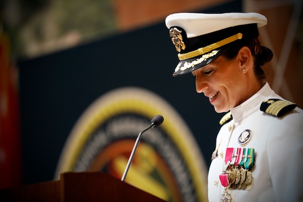 SILVER SPRING, Md. (Aug. 13, 2025) Capt. Franca Jones, commander, Naval Medical Research Command (NMRC), delivers remarks during NMRC's Change of Command ceremony. The ceremony, presided over by Rear Adm. Guido Valdes, saw Jones relieved as commander by Capt. Eric Welsh. Valdes recently served as commander, Naval Medical Forces Pacific. NMRC, headquarters of Navy Medicine Research & Development, is engaged in a broad spectrum of activity from basic science in the laboratory to field studies in austere and remote areas of the world to investigations in operational environments. In support of Navy, Marine Corps and joint U.S. warfighter health, readiness and lethality, researchers study infectious diseases, biological warfare detection and defense, combat casualty care, environmental health concerns, aerospace and undersea medicine, operational mission support and epidemiology. (U.S. Navy Photo by Tommy Lamkin/ released)