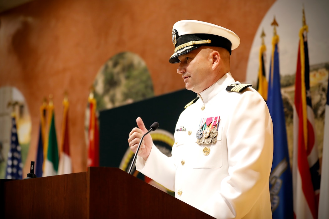 SILVER SPRING, Md. (Aug. 13, 2025) Capt. Eric Welsh, commander, Naval Medical Research Command (NMRC), delivers remarks after assuming command NMRC's Change of Command ceremony. The ceremony, presided over by Rear Adm. Guido Valdes, saw Capt. Franca Jones relieved as commander by Welsh. Valdes recently served as commander, Naval Medical Forces Pacific. NMRC, headquarters of Navy Medicine Research & Development, is engaged in a broad spectrum of activity from basic science in the laboratory to field studies in austere and remote areas of the world to investigations in operational environments. In support of Navy, Marine Corps and joint U.S. warfighter health, readiness and lethality, researchers study infectious diseases, biological warfare detection and defense, combat casualty care, environmental health concerns, aerospace and undersea medicine, operational mission support and epidemiology. (U.S. Navy Photo by Tommy Lamkin/ released)