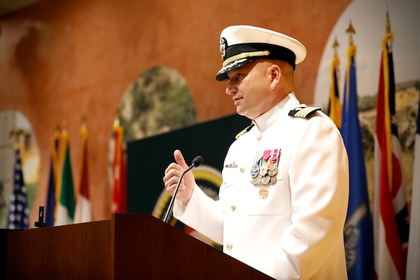 SILVER SPRING, Md. (Aug. 13, 2025) Capt. Eric Welsh, commander, Naval Medical Research Command (NMRC), delivers remarks after assuming command NMRC's Change of Command ceremony. The ceremony, presided over by Rear Adm. Guido Valdes, saw Capt. Franca Jones relieved as commander by Welsh. Valdes recently served as commander, Naval Medical Forces Pacific. NMRC, headquarters of Navy Medicine Research & Development, is engaged in a broad spectrum of activity from basic science in the laboratory to field studies in austere and remote areas of the world to investigations in operational environments. In support of Navy, Marine Corps and joint U.S. warfighter health, readiness and lethality, researchers study infectious diseases, biological warfare detection and defense, combat casualty care, environmental health concerns, aerospace and undersea medicine, operational mission support and epidemiology. (U.S. Navy Photo by Tommy Lamkin/ released)