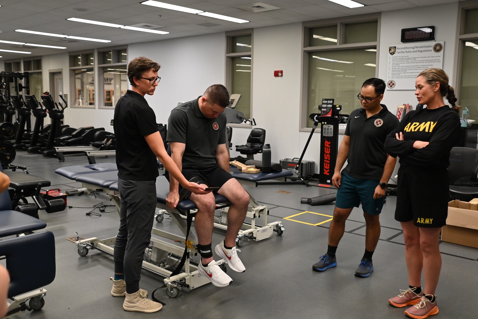 Maj. Kelly Scott, Associate Director, Baylor University-Keller Army Community Hospital Division 1 Sports Physical Therapy Fellowship Program, demonstrates portable dynamometry testing during the Kersey Advanced Clinical & Operational Practice Course held at West Point on August 4-8, 2025. This testing for strength assessment is part of the ‘return to duty’ decision making process.
