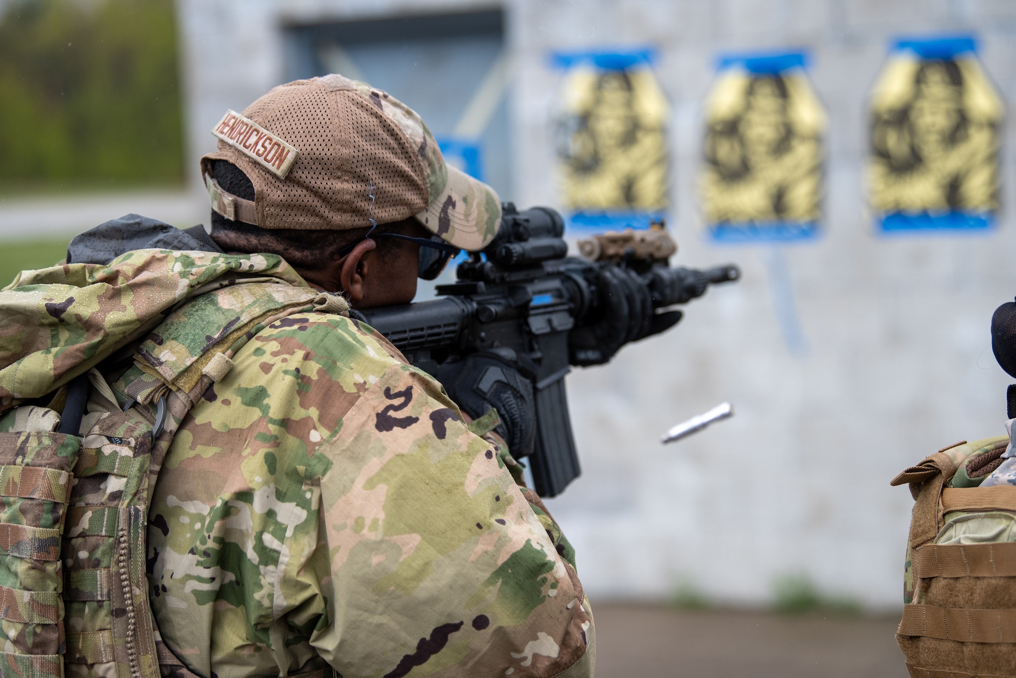 Airman 1st Class Malik Hendrickson, a security forces member from the Kentucky Air National Guard’s 123rd Contingency Response Group, fires his rifle at the Alpena Combat Readiness Training Center in Alpena, Mich., May 23, 2025. More than 50 Airmen from the Kentucky Air Guard, along with members of the Colorado Air National Guard’s 233rd  Security Forces Squadron and the Ecuadorian Air Force, participated in a nine-day field exercise here May 21 to 29. (U.S. Air National Guard photo by Phil Speck)