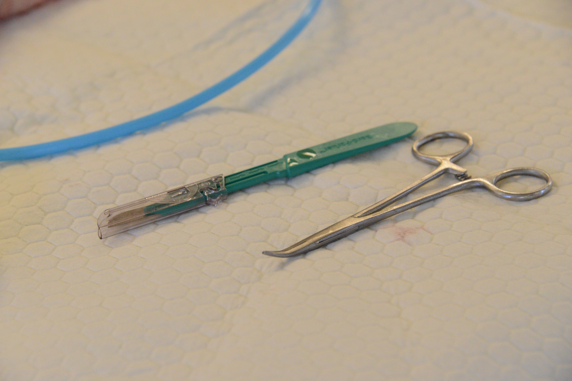 A scalpel and forceps lie on a cleaning pad