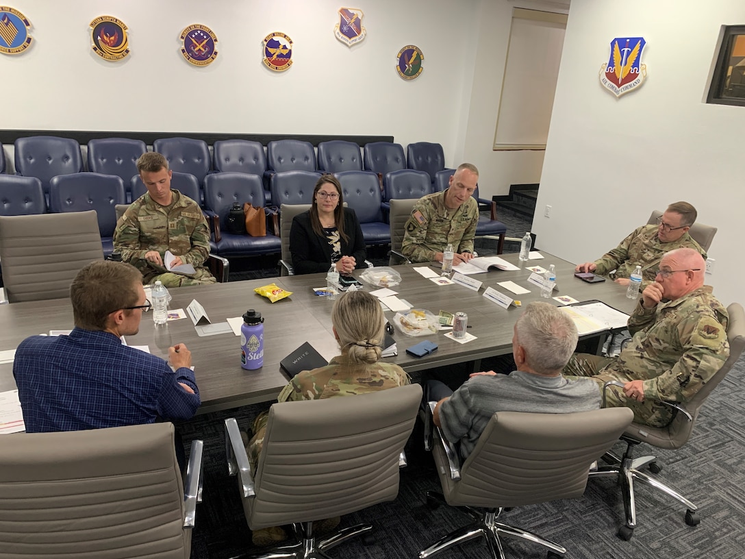 Los Angeles District Commander Col. Andrew Baker and 99th Air Base Wing Commander Col. Jason Glynn, along with their senior staff members, discuss current construction projects July 15 at Nellis Air Force Base, Nevada, near Las Vegas. In addition to his leadership role as the 99th Air Base Wing commander, Glynn also is the base commander and oversees the 2.9-million-acre Nevada Test and Training Range. The LA District supports the nation’s Airmen through construction and renovation projects that support missions and improve quality of life at the base.