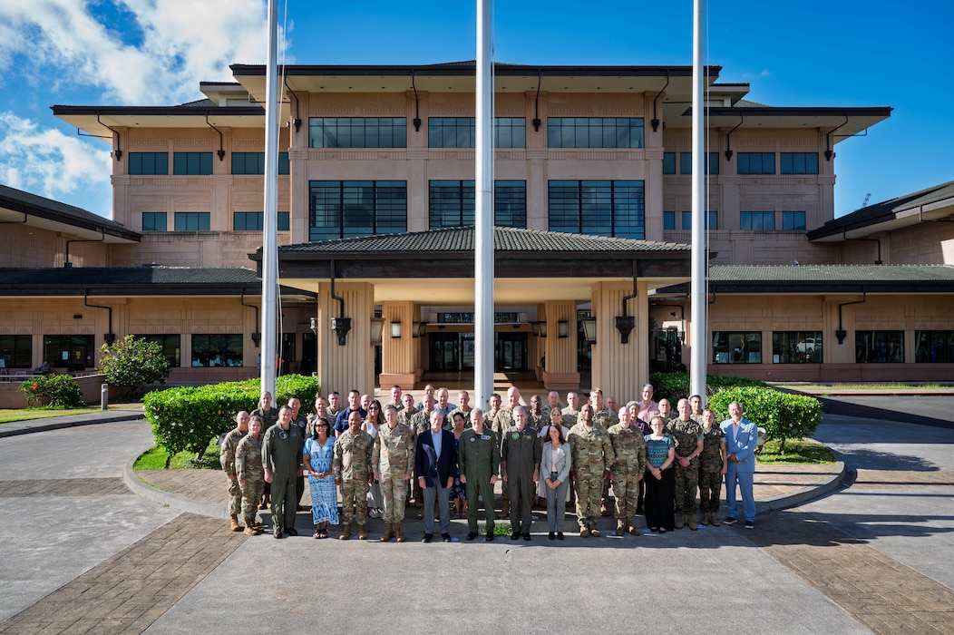 Adm. Samuel J. Paparo, center, first row, commander of U.S. Indo-Pacific Command, joins senior Joint Force leaders for a group photo at USINDOPACOM headquarters on Camp H. M. Smith in Hawaii, Aug. 12, 2025.