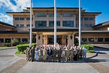 Adm. Samuel J. Paparo, center, first row, commander of U.S. Indo-Pacific Command, joins senior Joint Force leaders for a group photo at USINDOPACOM headquarters on Camp H. M. Smith in Hawaii, Aug. 12, 2025.