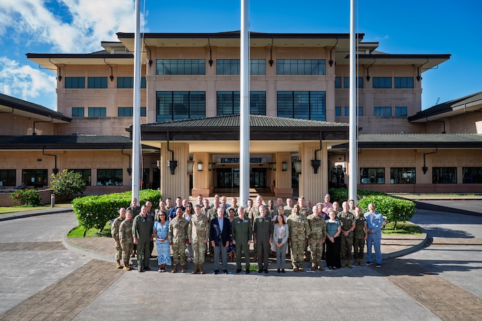 Adm. Samuel J. Paparo, center, first row, commander of U.S. Indo-Pacific Command, joins senior Joint Force leaders for a group photo at USINDOPACOM headquarters on Camp H. M. Smith in Hawaii, Aug. 12, 2025.