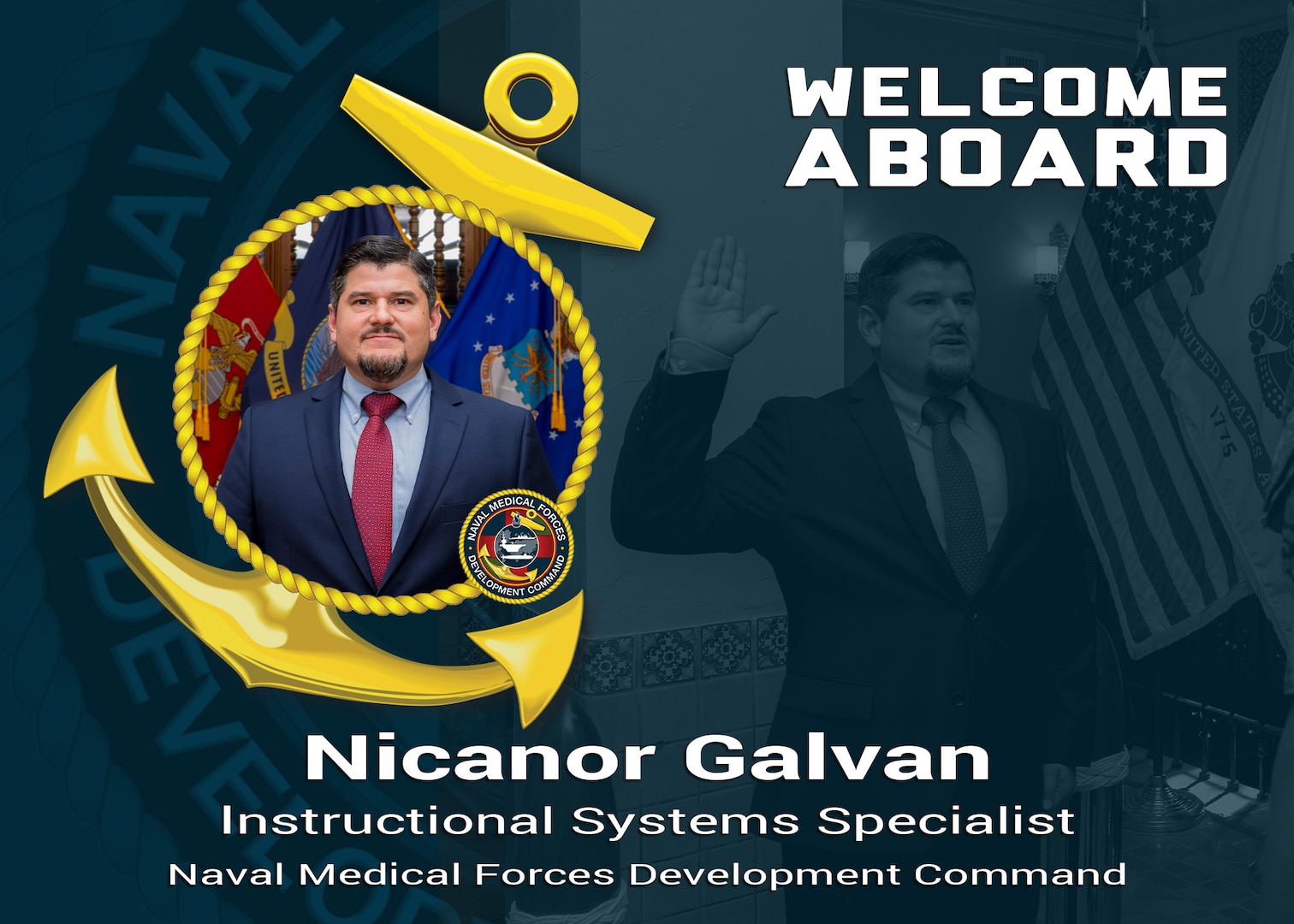 The Naval Medical Forces Development Command welcomes Nicanor Galvan an Instructional Systems Specialist at the command’s Training and Education directorate located at Joint Base San Antonio-Fort Sam Houston, Texas, Aug. 11, 2025. He will be focused on designing and developing online training solutions that are both effective and accessible and allow Navy medical personnel to learn and maintain critical skills from anywhere in the world and ensuring they are medically ready and mission capable. (U.S. Navy graphic by Malcolm McClendon).