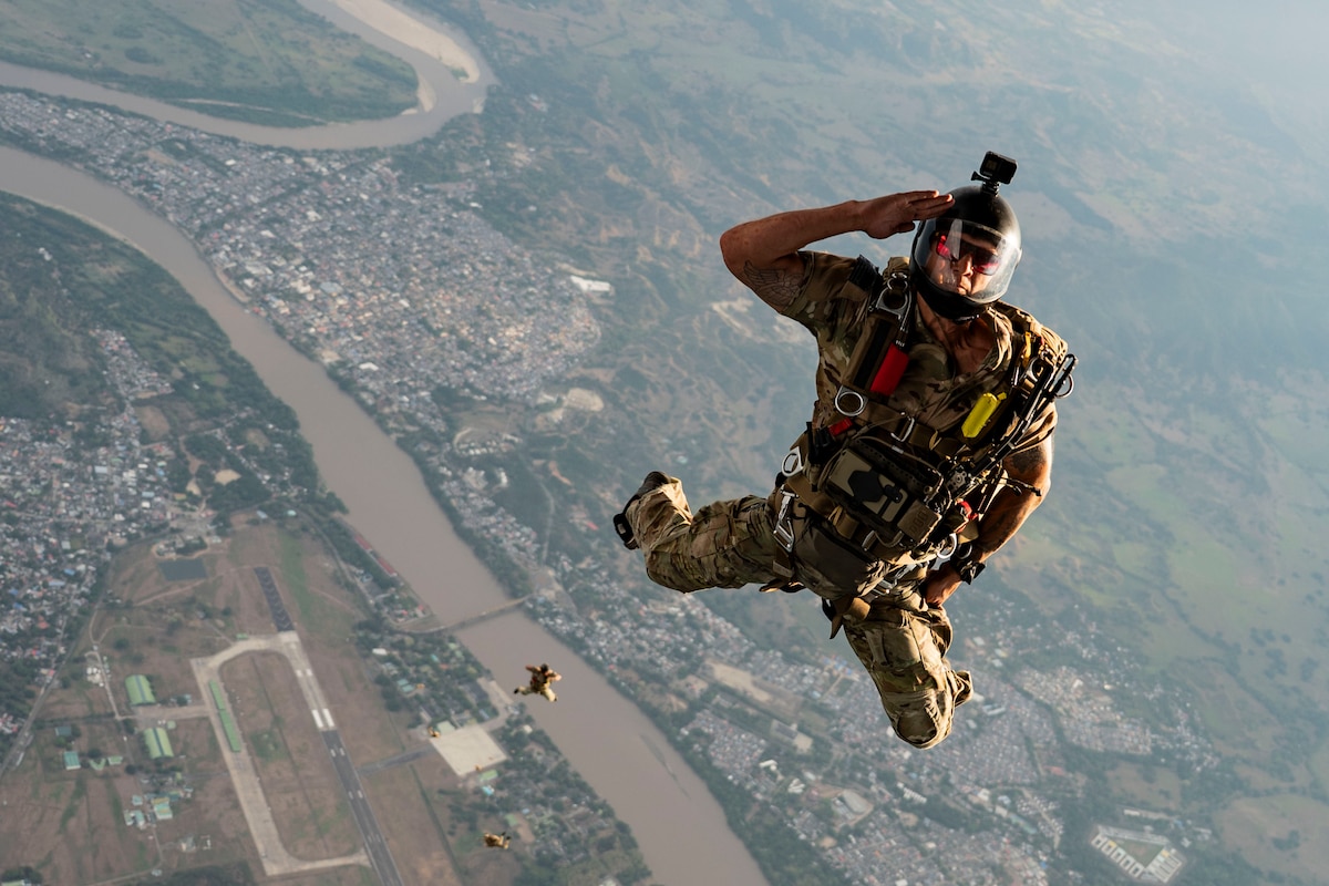 A U.S. Air Force pararescuemen exits a U.S. Air Force HC-130J Combat King II during a free-fall jump at Relámpago de los Andes at Palanquero Air Base, Colombia, Aug. 6, 2025. During RDLA, U.S. Air Force and Colombia Aerospace Force members conducted training with each other to share tactics and techniques. (U.S. Air Force photo by Staff Sgt. William Rio Rosado)