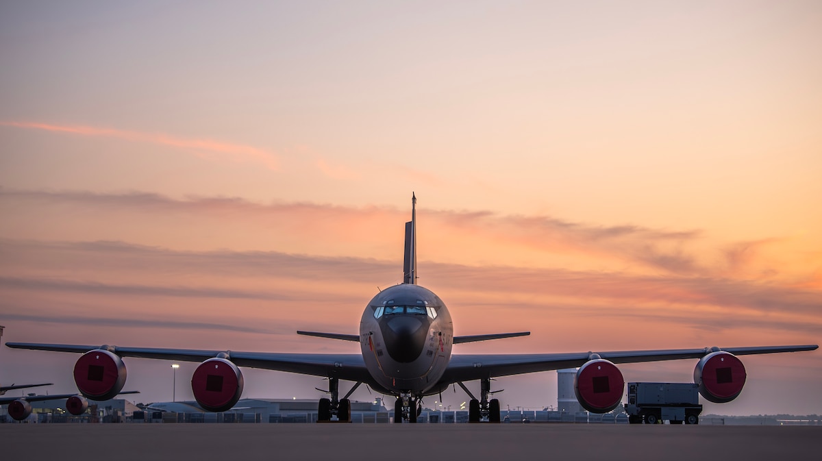 A KC-135 Stratotanker rests on the flight line at Rickenbacker Air National Guard Base, Columbus, Ohio, Aug. 10, 2025. The KC-135 plays a vital role in extending the range and endurance of combat and support aircraft worldwide. (U.S. Air National Guard photo by Maj. Paul Stennett)