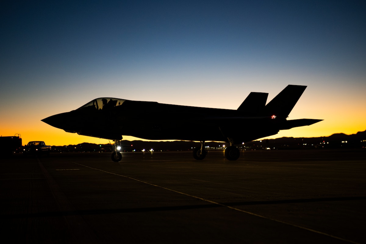 An F-35A Lightning II assigned to the 4th Fighter Squadron from Hill Air Force Base, Utah, taxis back after participating in exercise Red Flag 25-3 at Nellis Air Force Base, Nev., July 30, 2025. Red Flag is the Air Force’s premier large-scale combat training exercise, designed to provide realistic, high-intensity air combat scenarios that enhance the readiness and interoperability of U.S. and allied forces. (U.S. Air Force photo by Staff Sgt Zachary Rufus)