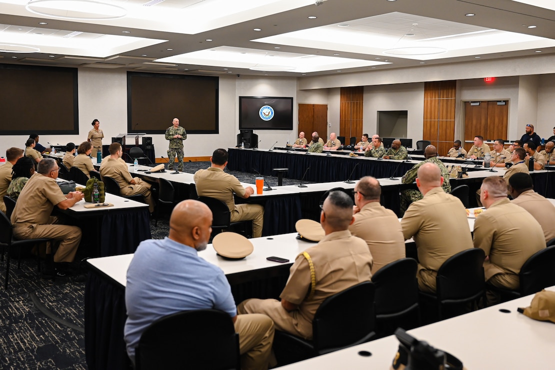 WASHINGTON (Aug 8, 2025) Rear Adm. David Faehnle, commandant, Naval District Washington, speaks to National Capital Region chief petty officers and chief petty officer selects prior to chief season. Chief selects will begin their six-week initiation to become chief petty officers. (U.S. Navy Photo by Mass Communication Specialist 1st Class Griffin Kersting)