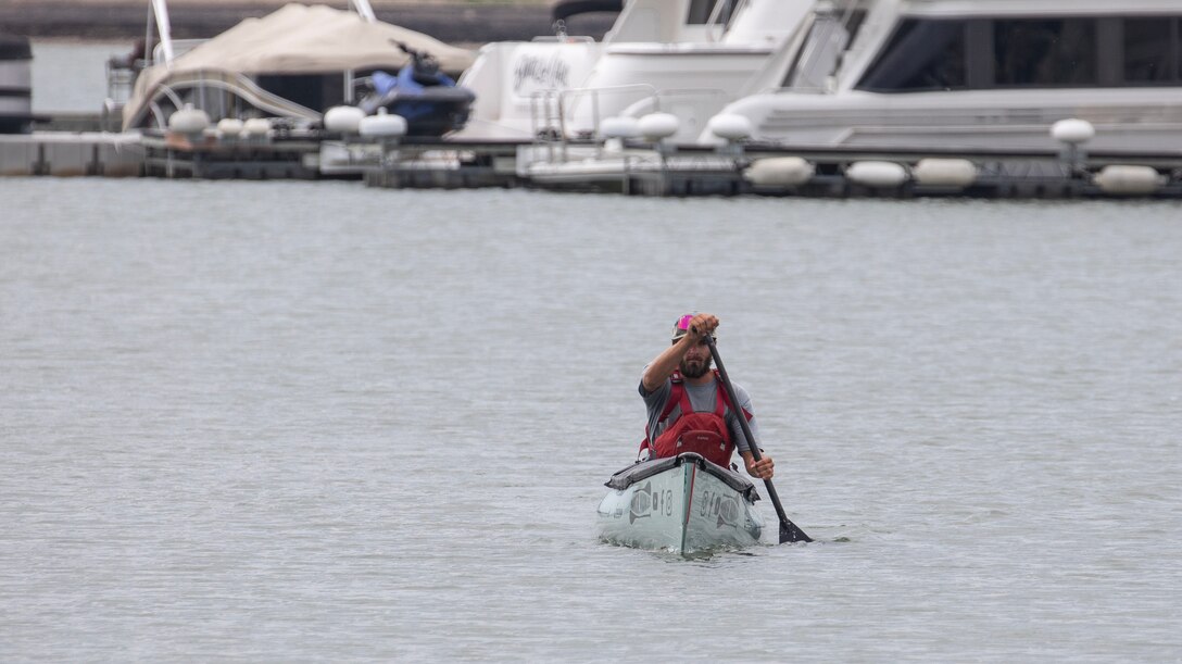 Kyle Parker, a Wisconsin native and canoe enthusiast, paddles the final stretch of Lake Sakakawea as he pulls up to the Lake Sakakawea Marina boat ramp, July 17, 2025.