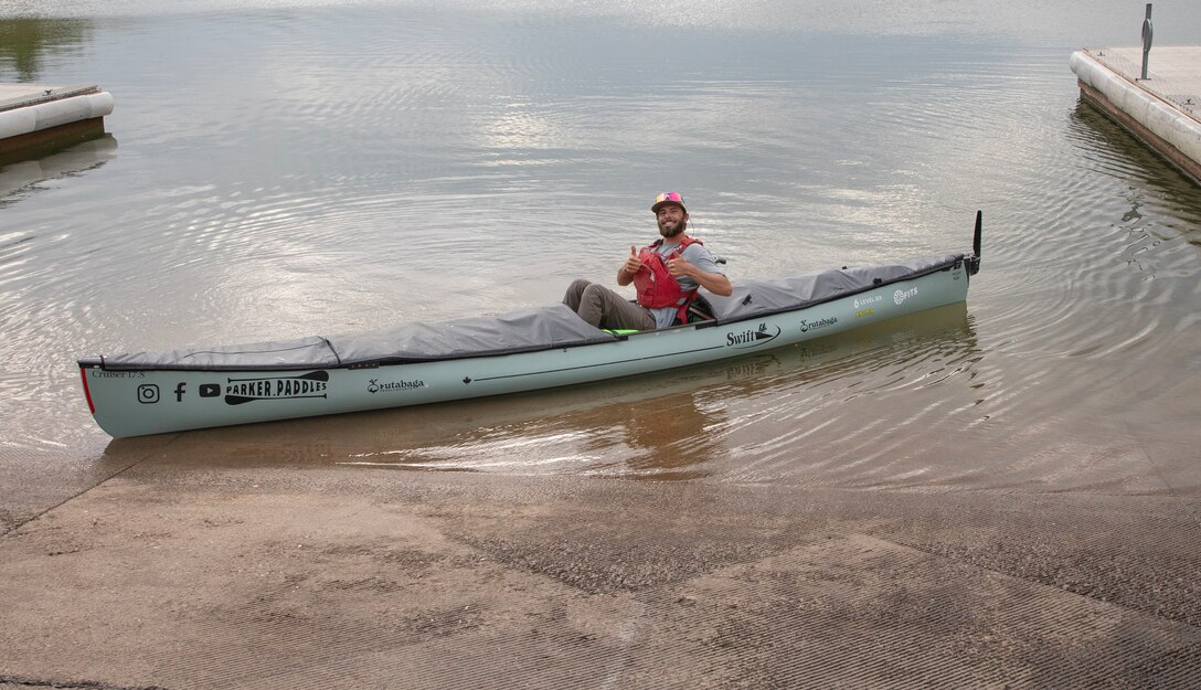 Kyle Parker, a Wisconsin native and canoe enthusiast, reaches the Lake Sakakawea Marina boat ramp, July 17, 2025.
