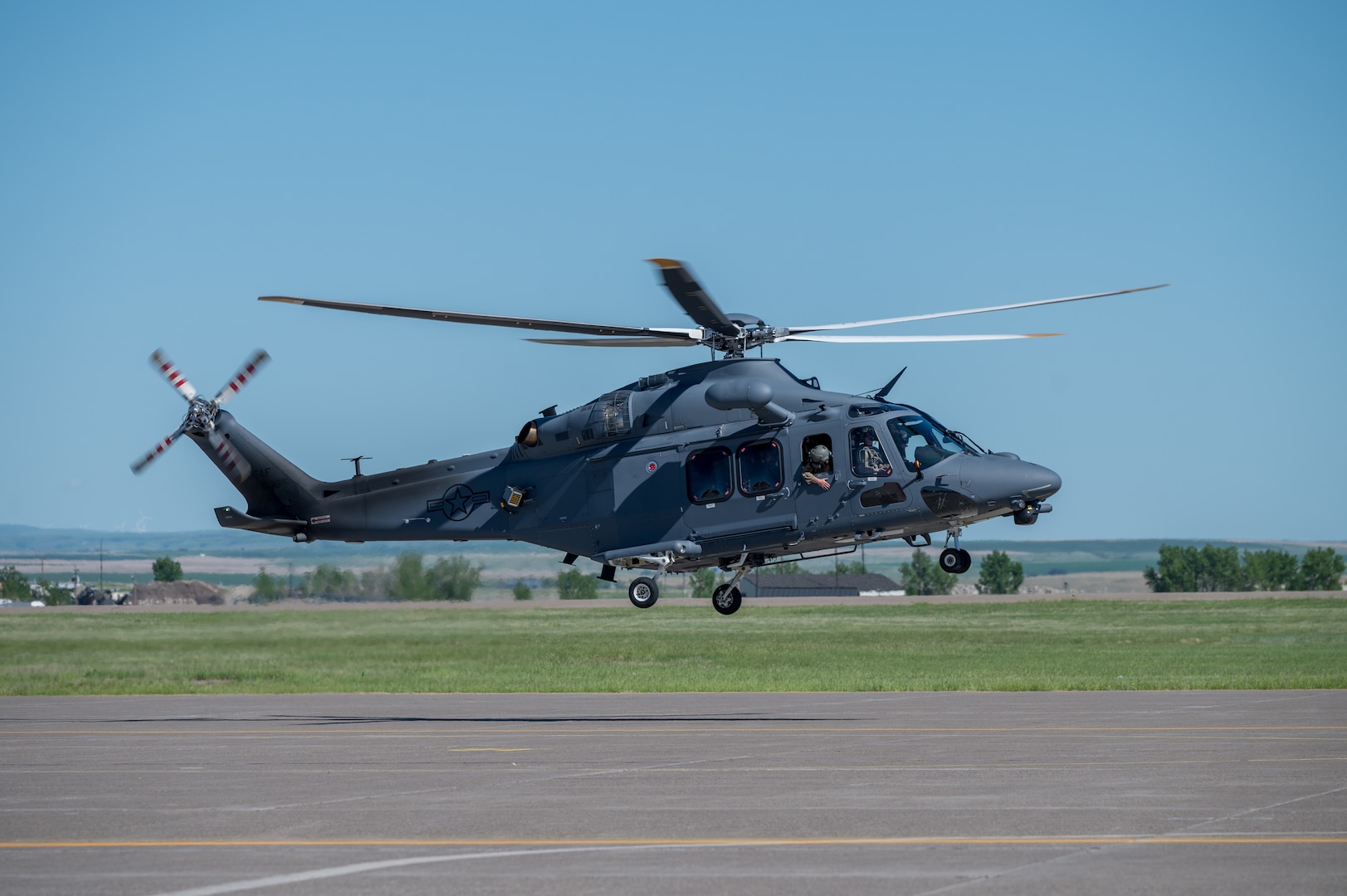 An MH-139A Grey Wolf lands on an airfield May 30, 2025 at Malmstrom Air Force Base, Mont. A final Initial Operational Test and Evaluation exercise was performed, marking the last major hurdle before the aircraft can be approved for full-rate production and operational deployment by the U.S. Air Force. (U.S. Air Force photo by Airman 1st Class Jack Rodriguez Escamilla)