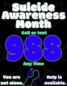 The Suicide Awareness graphic represents suicide awareness month at McConnell Air Force Base, Kansas. The graphic depicts the number for the suicide and crisis lifeline, and two hands joined together representing the suicide awareness ribbon. (U.S. Air Force graphic by Airman 1st Class Patrick O’Neill)