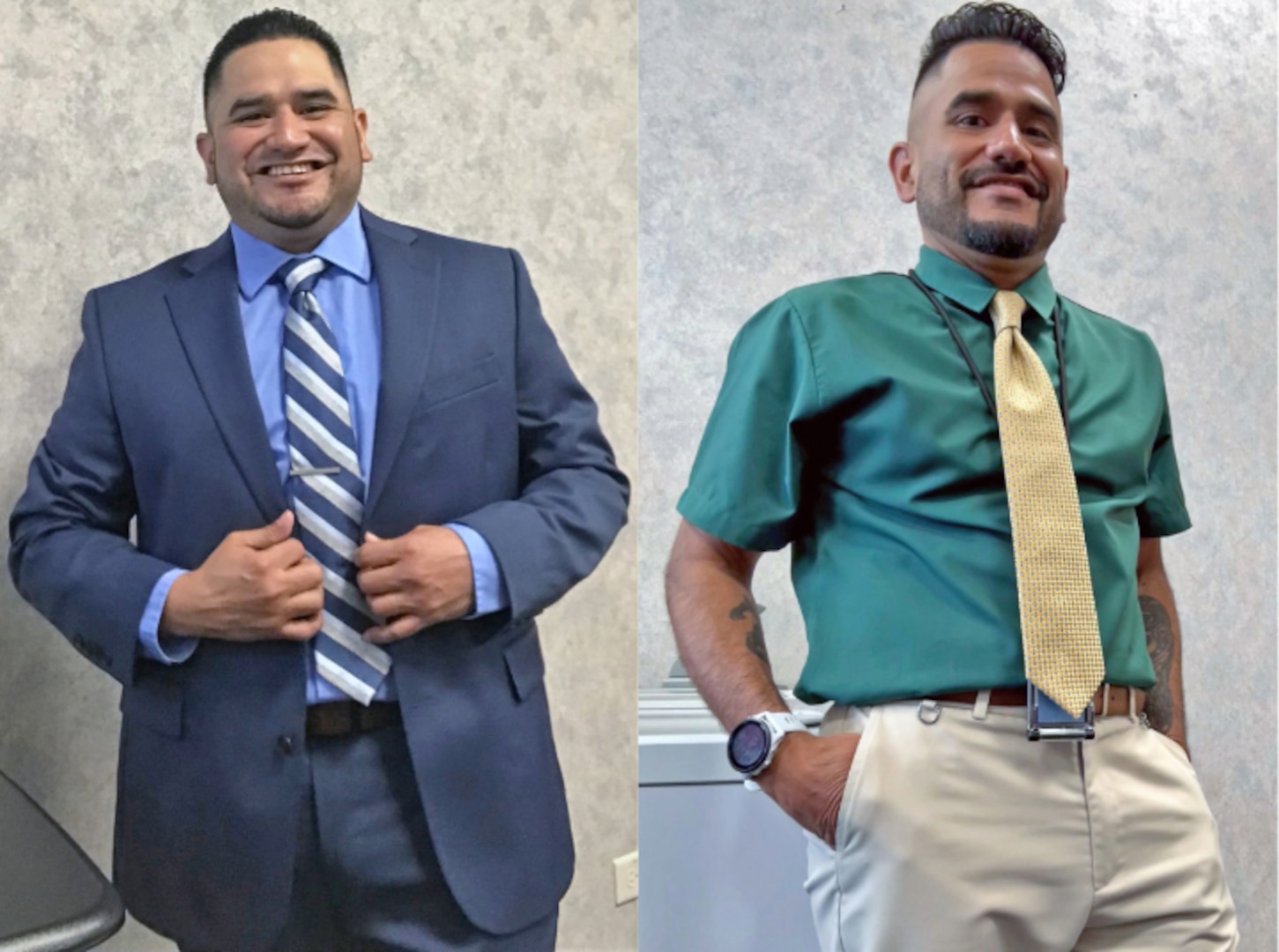 Jesus Flores, USMEPCOM command paralegal, before and after beginning his journey toward becoming more active and healthy. Flores, once 60 pounds heavier, now inspires others at USMEPCOM as a sharp-dressed ultra marathon runner.