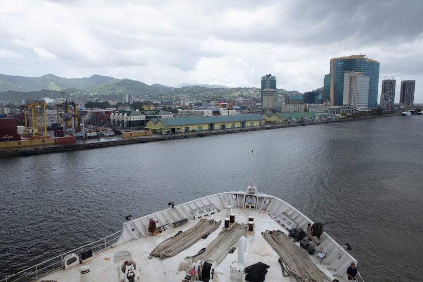 A large white ship is sailing in the foreground with buildings and mountains lining the background.
