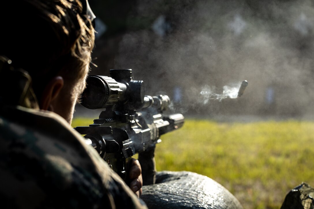 U.S. Marine Corps Lance Cpl. Benjamin Johnson, a rifleman with 2nd Battalion, 23rd Marines, forward deployed with 4th Marine Regiment, 3d Marine Division as part of the Unit Deployment Program, fires at a target at a battle sight zero range during the Korean Marine Exchange Program 25.2 in Pocheon, South Korea, July 26, 2025. KMEP is conducted regularly between the ROK and U.S. Marine Corps to increase their combined capabilities through realistic training geared towards deterrence and maintaining peace in the Indo-Pacific. (U.S. Marine Corps photo by Lance Cpl. Van Hoang)