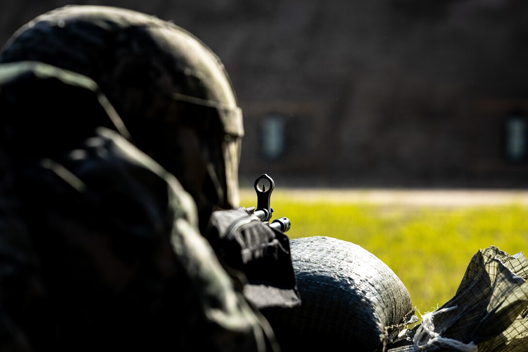 A Republic of Korean Marine fires their rifle at a target at a battle sight zero range during the Korean Marine Exchange Program 25.2 in Pocheon, South Korea, July 26, 2025. KMEP is conducted regularly between the ROK and U.S. Marine Corps to increase their combined capabilities through realistic training geared towards deterrence and maintaining peace in the Indo-Pacific. (U.S. Marine Corps photo by Lance Cpl. Van Hoang)