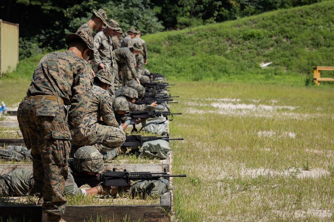Republic of Korean Marines fire their rifles at a battle sight zero range during the Korean Marine Exchange Program 25.2 in Pocheon, South Korea, July 26, 2025. KMEP is conducted regularly between the ROK and U.S. Marine Corps to increase their combined capabilities through realistic training geared towards deterrence and maintaining peace in the Indo-Pacific. (U.S. Marine Corps photo by Lance Cpl. Van Hoang)