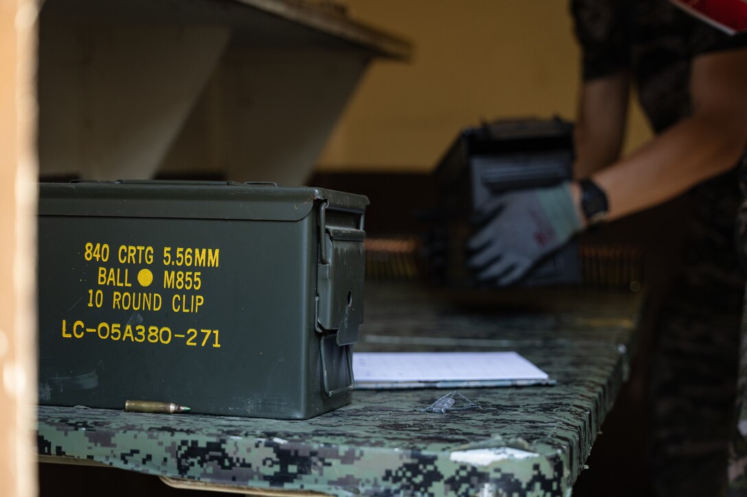 A Republic of Korea Marine stages and issues ammunition at Navajo Range during the Korean Marine Exchange Program 25.2 in Pocheon, South Korea, July 26, 2025. KMEP is conducted regularly between the ROK and U.S. Marine Corps to increase their combined capabilities through realistic training geared towards deterrence and maintaining peace in the Indo-Pacific. (U.S. Marine Corps photo by Lance Cpl. Van Hoang)