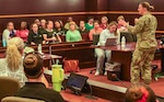 LTC Kristen Fricchione, a Fort Bragg JAG Officer, speaks during a mock sexual assault trial on June 27, 2025.
