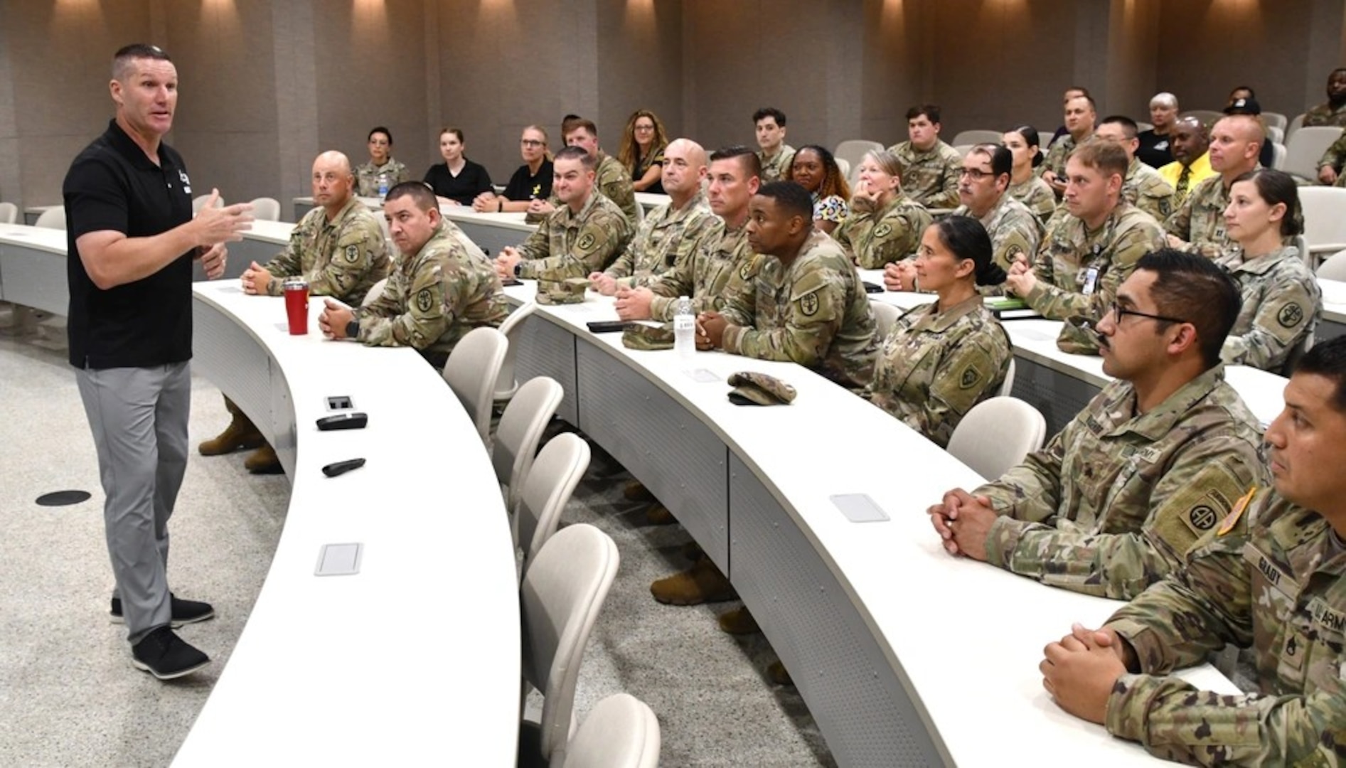 Former Sergeant Major of the Army Daniel Dailey speaks to Soldiers at Womack's Weaver Auditorium on July 9, 2025.